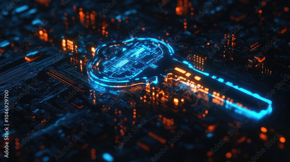 Poster A digital key illuminated by glowing blue circuits, representing secure access to data and networks.
