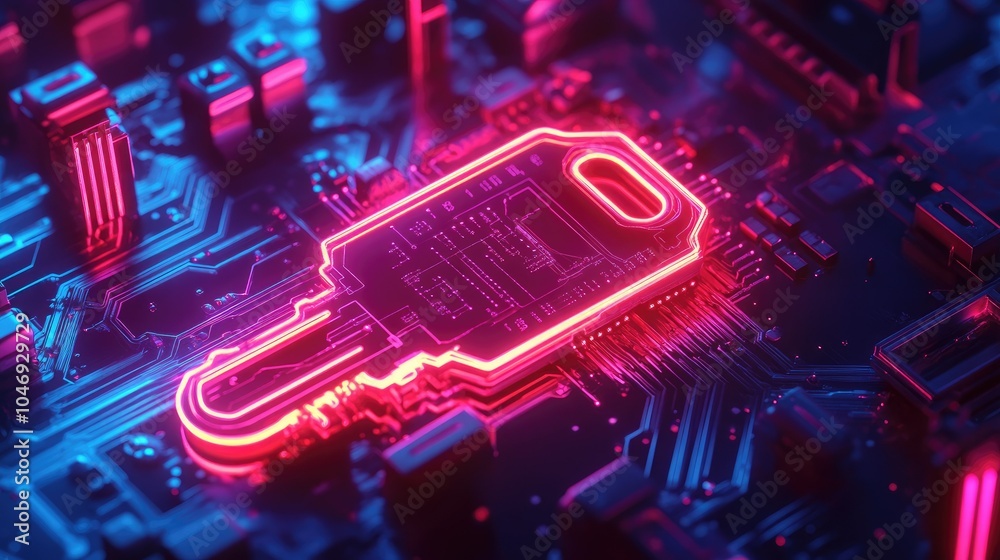 Aufkleber A digital key with bright neon circuits surrounding it, symbolizing high-level cybersecurity and data access.