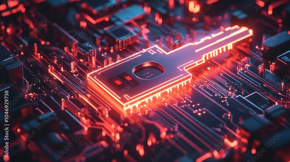 Aufkleber A digital key with bright neon circuits surrounding it, symbolizing high-level cybersecurity and data access.
