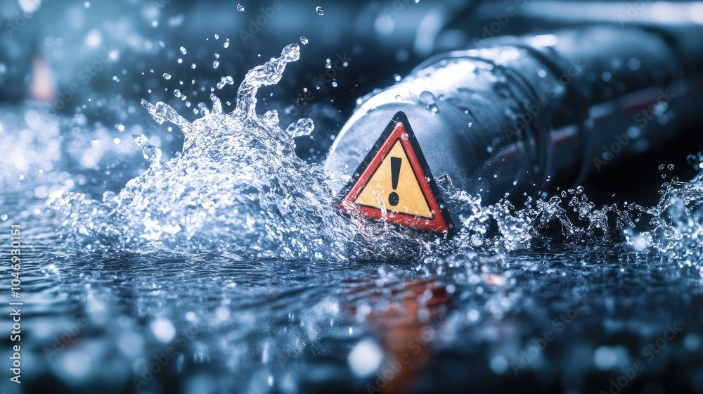 Aufkleber A leaking pipe in the background with water splashing into a warning icon, representing potential flooding.