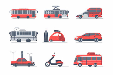 Set of nine different red vehicles isolated on white.