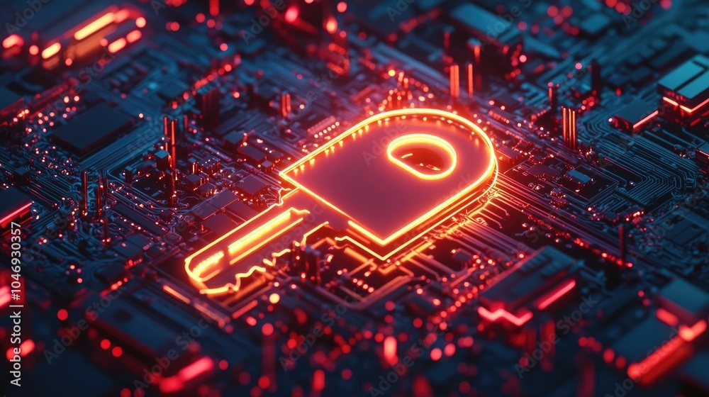 Poster A neon-lit digital key amidst an intricate web of circuits, symbolizing data access and protection.