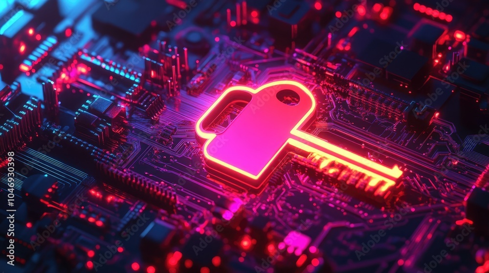Aufkleber A neon-lit digital key amidst an intricate web of circuits, symbolizing data access and protection.