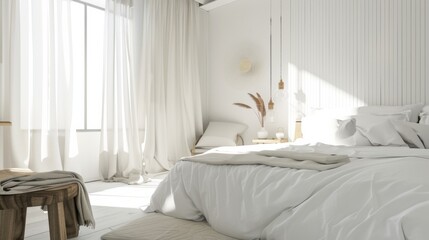 A cozy and inviting bedroom design adorned with a clean white canvas backdrop, Thoughtfully arranged minimalistic bedroom furniture, Scandinavian minimalist style