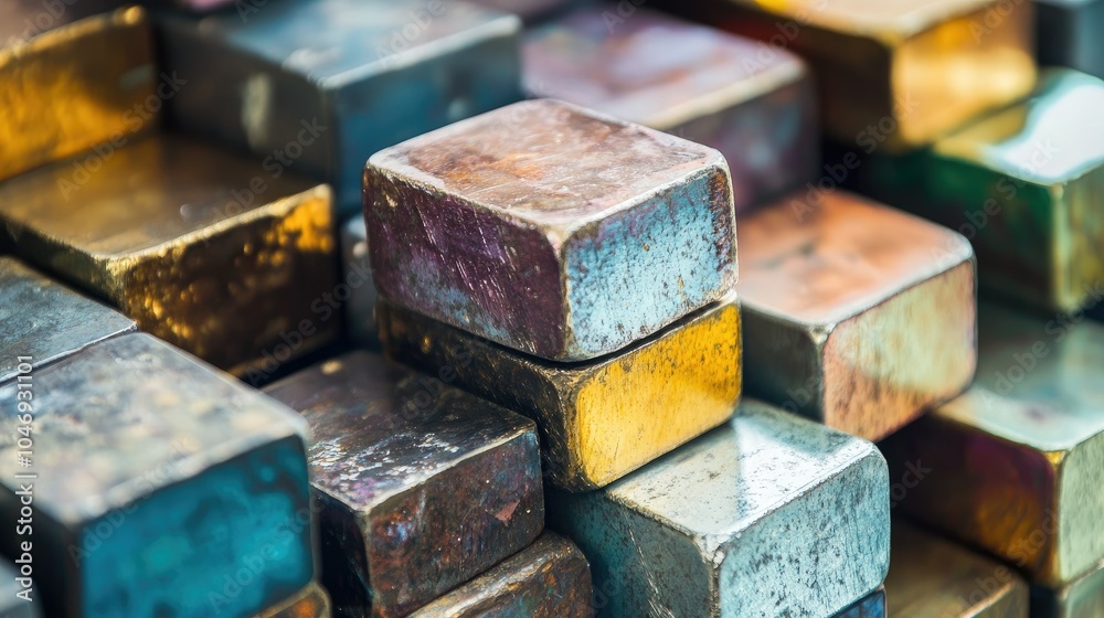 Poster a stack of metallic lithium blocks, showcasing their significance in the renewable energy and tech i