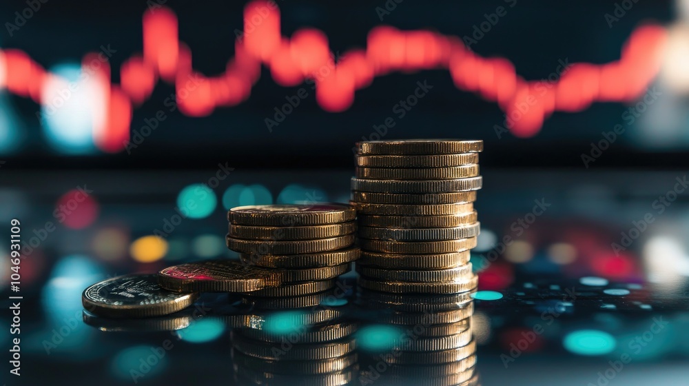 Poster a stack of coins with a fluctuating stock market chart in the background, symbolizing oil prices and
