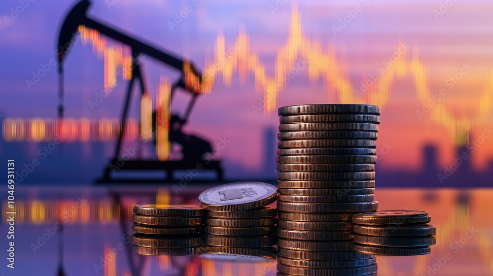 Poster a stack of coins with a fluctuating stock market chart in the background, symbolizing oil prices and