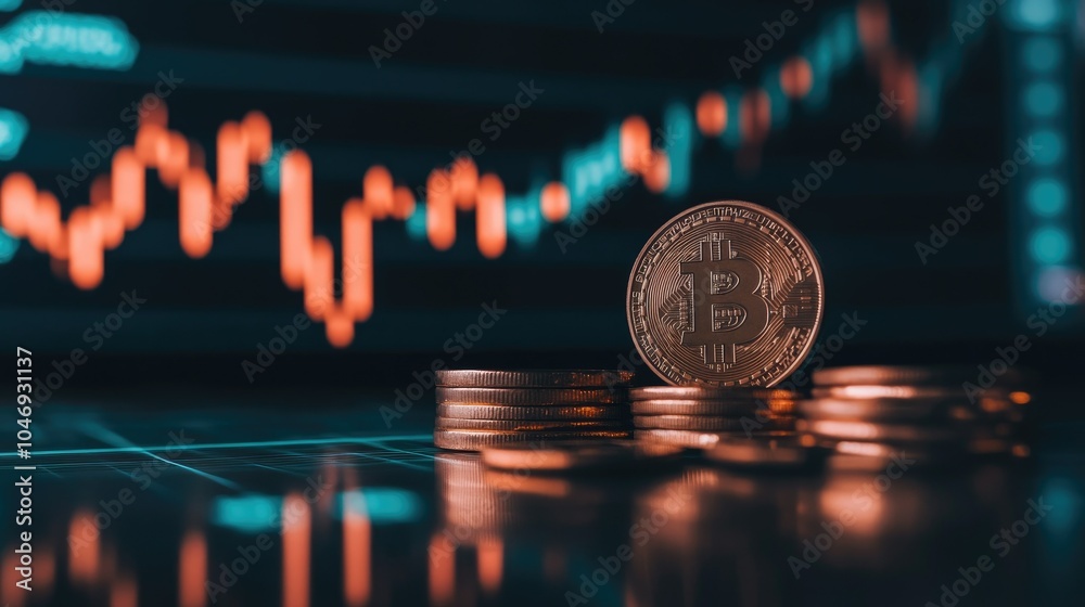 Poster a stack of coins with a fluctuating stock market chart in the background, symbolizing oil prices and