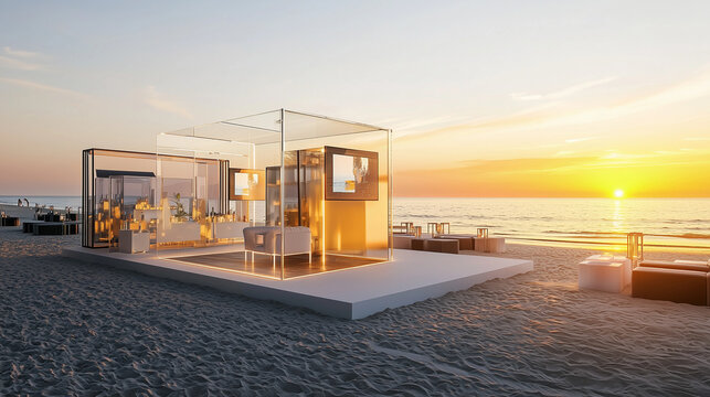 Modern beachside event setup featuring a sleek glass and metal display booth with interactive digital screens, minimalist stage for live streaming, and elegant seating areas, blending technology