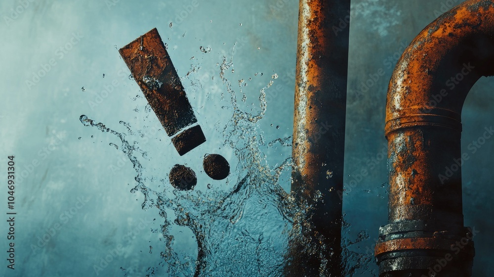 Poster a water splash shaped like an exclamation mark with rusty pipes, symbolizing leaks or plumbing probl