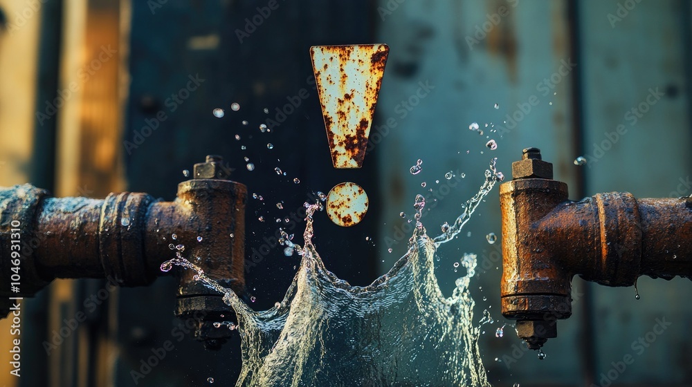 Poster a water splash shaped like an exclamation mark with rusty pipes, symbolizing leaks or plumbing probl