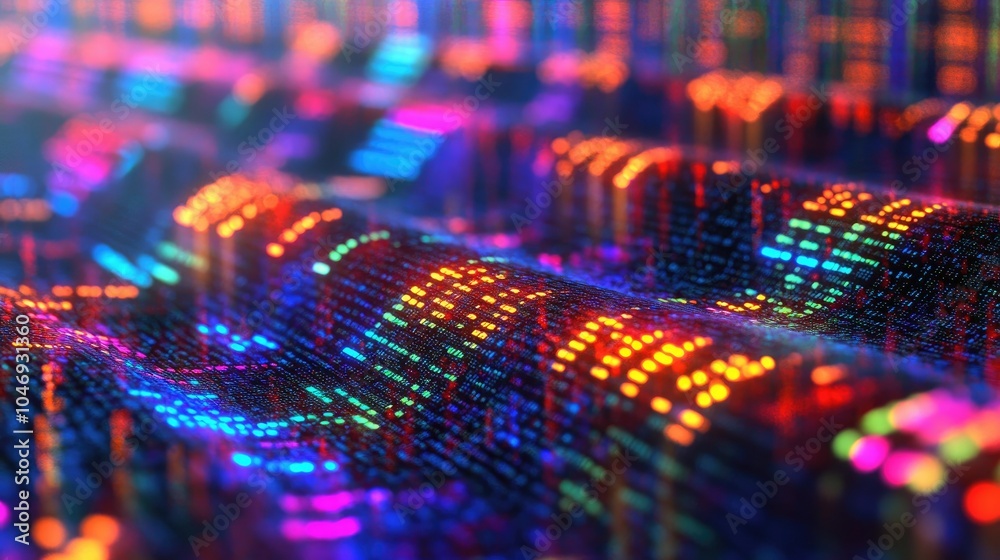 Poster abstract glowing dna sequences and digital codes intertwine, representing the cutting-edge of genome