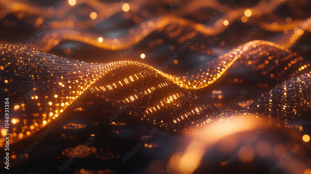 Poster abstract glowing dna sequences and digital codes intertwine, representing the cutting-edge of genome