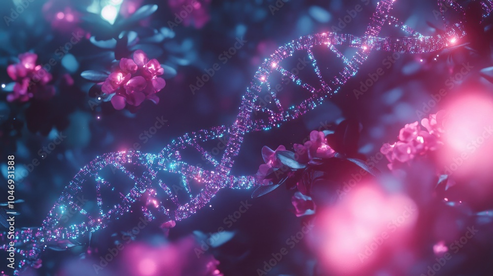 Poster abstract glowing dna sequences and digital codes intertwine, representing the cutting-edge of genome