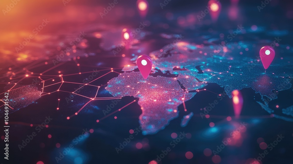Poster bright location pins floating on a digital map of the world, representing travel destinations across