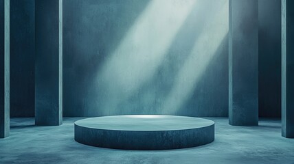 A Minimalist Concrete Platform in a Blue-Tinted Room