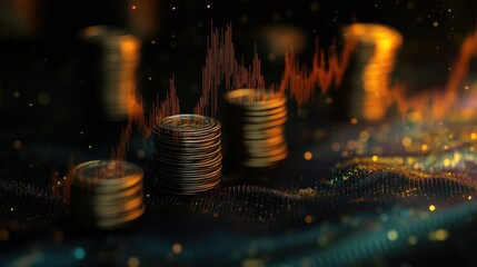 Coins increasing in height alongside a fluctuating graph, representing the future of oil prices and global economy.