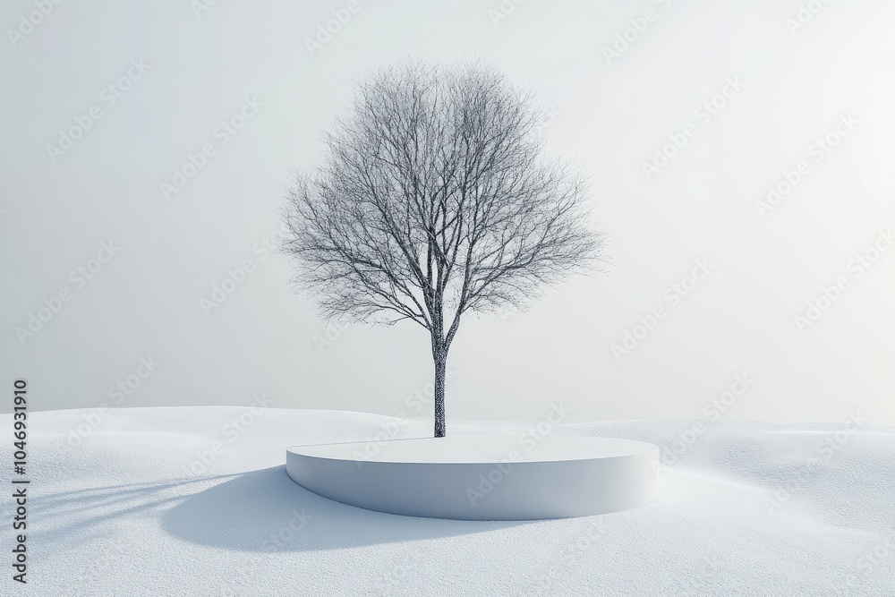 Canvas Prints A bare tree stands in a snowy field, with a white platform in the foreground.