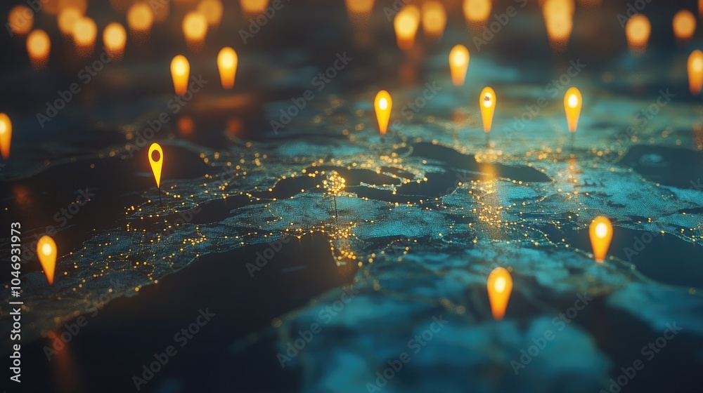 Aufkleber digital map with glowing location pins highlighting travel destinations across the globe, symbolizin
