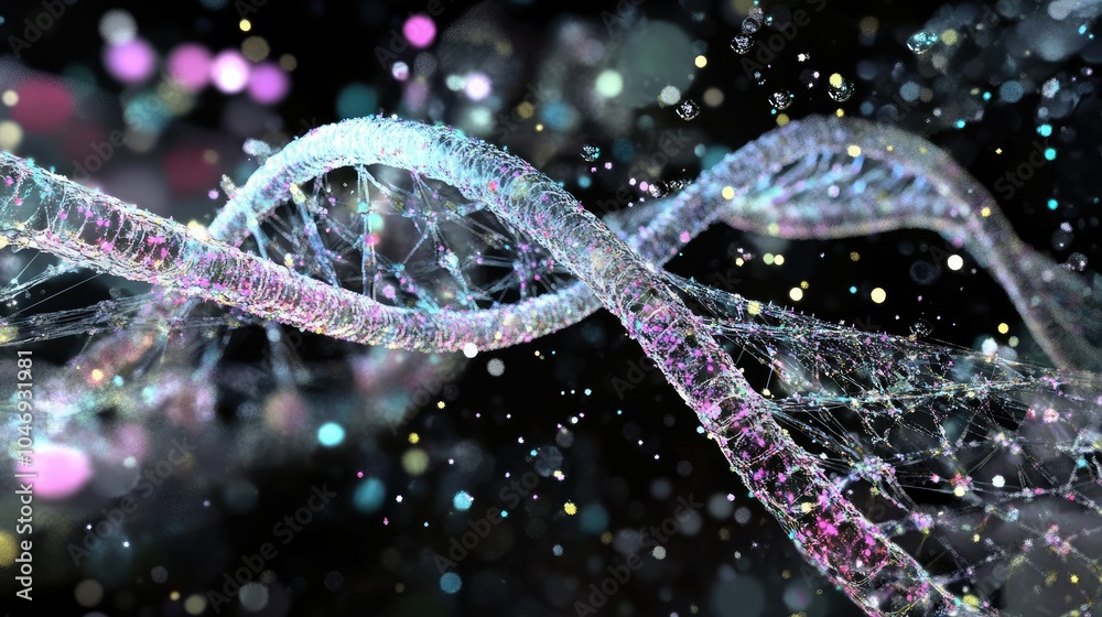 Poster digital strands of dna interlaced with genetic data points, representing the future of genome techno