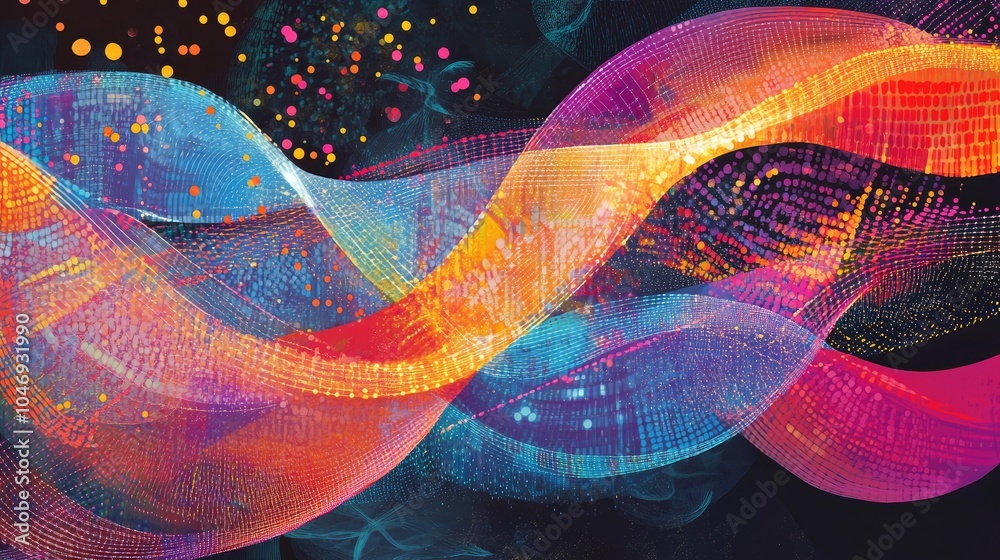 Poster digital strands of dna interlaced with genetic data points, representing the future of genome techno