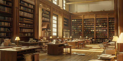 Obraz premium A genealogical research library, filled with books and documents offering insight into long-lost family histories.