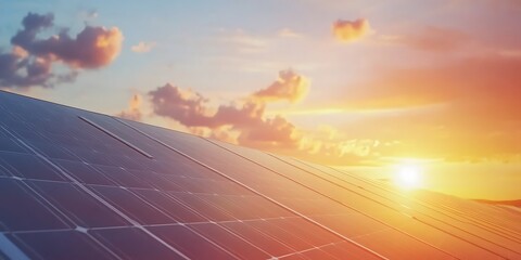 Solar panels at sunset, sustainable energy, clean technology, nature conservation.