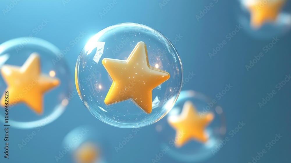 Poster Glowing five-star rating icons in translucent bubbles, floating on a blue background to signify excellence