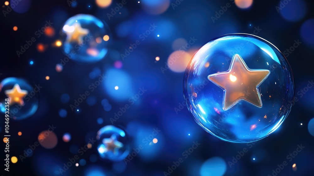 Poster Glowing five-star rating icons in translucent bubbles, floating on a blue background to signify excellence
