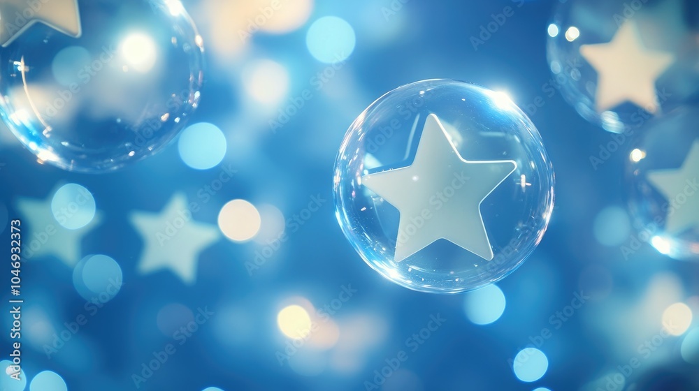 Poster Glowing five-star rating icons in translucent bubbles, floating on a blue background to signify excellence