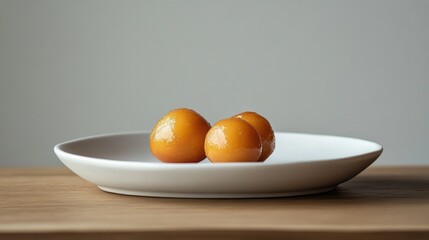 Golden gulab jamuns on a white ceramic plate with simple, clean lines, making the dessert the focal point.