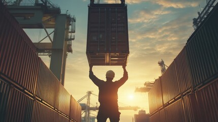 Fototapeta premium Back view of a logistics coordinator ensuring stock container being lifted at shipping port front view Cargo handling efficiency