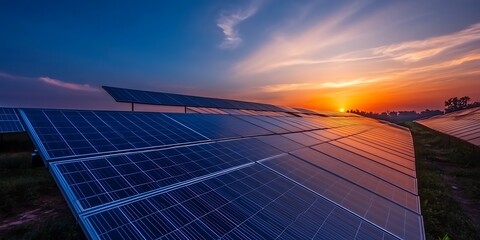 Solar panels at sunset, sustainable energy, clean technology, nature conservation.