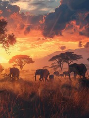 Obraz premium Amidst the tall grasses, a herd of elephants walks gracefully through the African savanna as the sun sets in a vibrant sky. Generative AI
