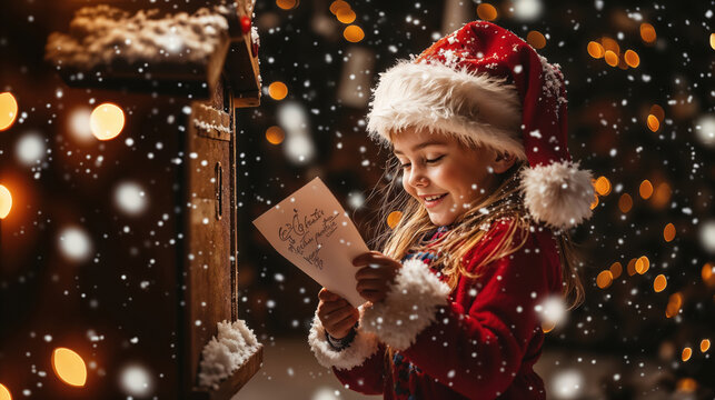Happy girl reading christmas letter next to mailbox with falling snow