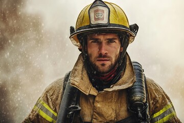 Naklejka premium Brave firefighter in uniform against smoke background
