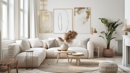 A cozy and inviting living room design showcasing a white canvas backdrop, Expertly arranged minimal furniture, Minimalist Bohemian style