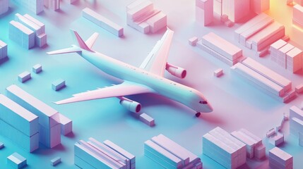 Flat design cargo planes in pastel 3D render, import-export logistics, visualizing air freight transportation