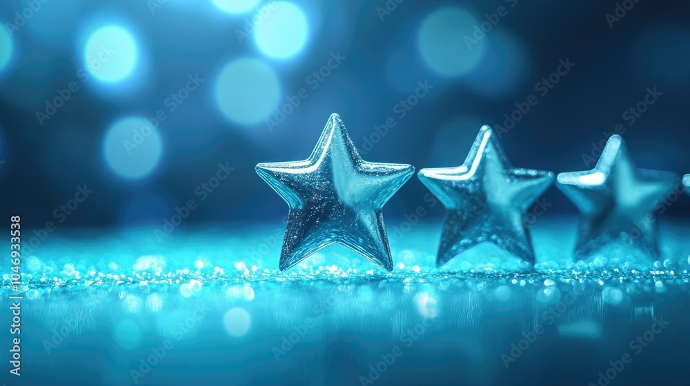 Poster radiant five-star rating bubbles float on a vibrant blue surface, symbolizing top-tier quality and p