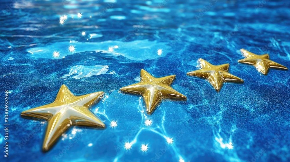 Poster radiant five-star rating bubbles float on a vibrant blue surface, symbolizing top-tier quality and p
