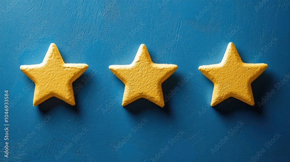 Poster radiant five-star rating bubbles float on a vibrant blue surface, symbolizing top-tier quality and p
