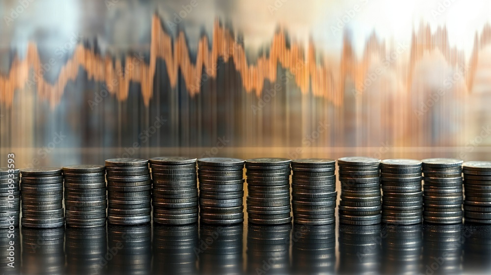 Poster rows of coins in front of an up-and-down market graph, symbolizing oil price shifts and their financ