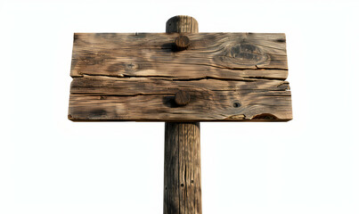 A rustic wooden signpost with a blank wooden sign, isolated on a white background.