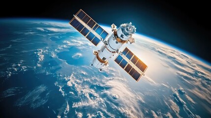 Obraz premium Satellite in orbit above Earth, showcasing global communication and internet access from space.