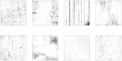 Collection of eight grunge texture.  Set of vector paint brush stroke, ink splash and grungy decoration elements for social