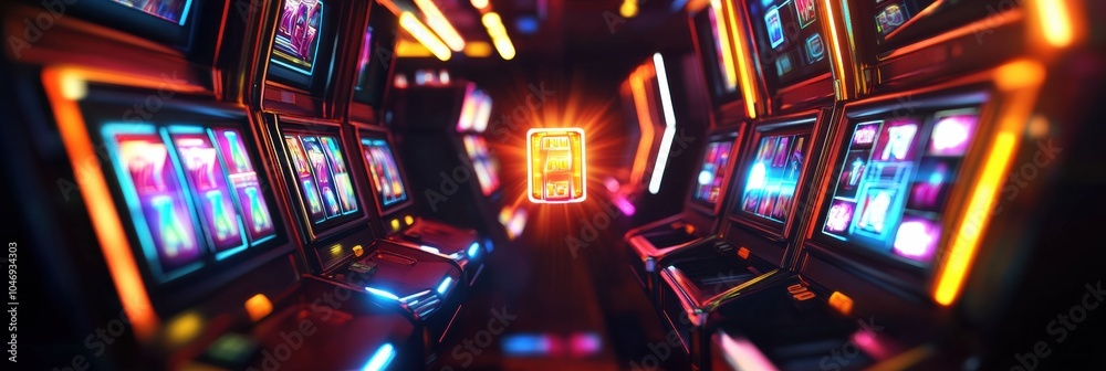 Poster Brightly lit slot machines display colorful reels and a glowing jackpot symbol, creating an exciting atmosphere in a gaming venue. Generative AI