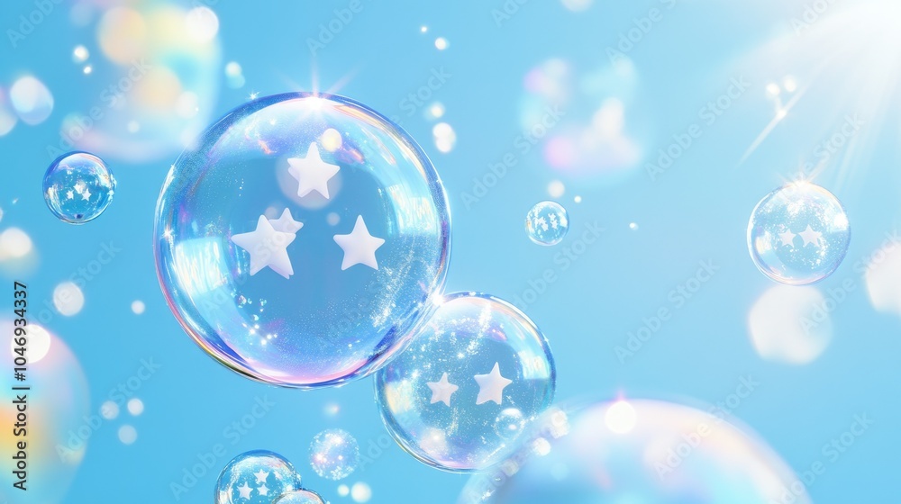 Poster soft glowing bubbles with five-star ratings hover over a calming blue background, showcasing elite c