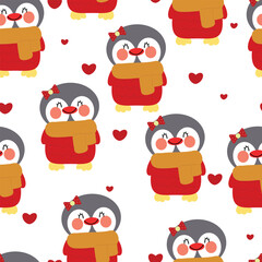 Seamless pattern of winter cartoon penguins wearing cute scarves and festive Christmas wallpaper for textile gift wrapping paper