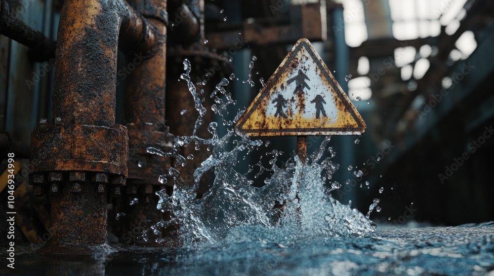 Poster water splashing out of a pipe, forming a warning sign, with rusted pipes in the background.