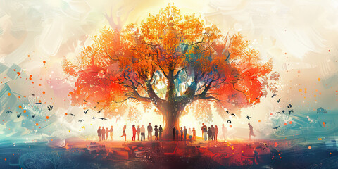 A family tree, intricately drawn and colorfully illustrated, spanning generations with ancestors and descendants.
